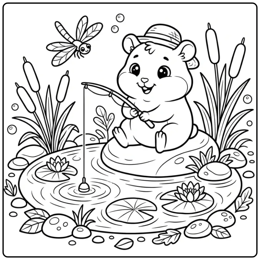 Een baby hamster kleurplaat vissend bij de vijver.