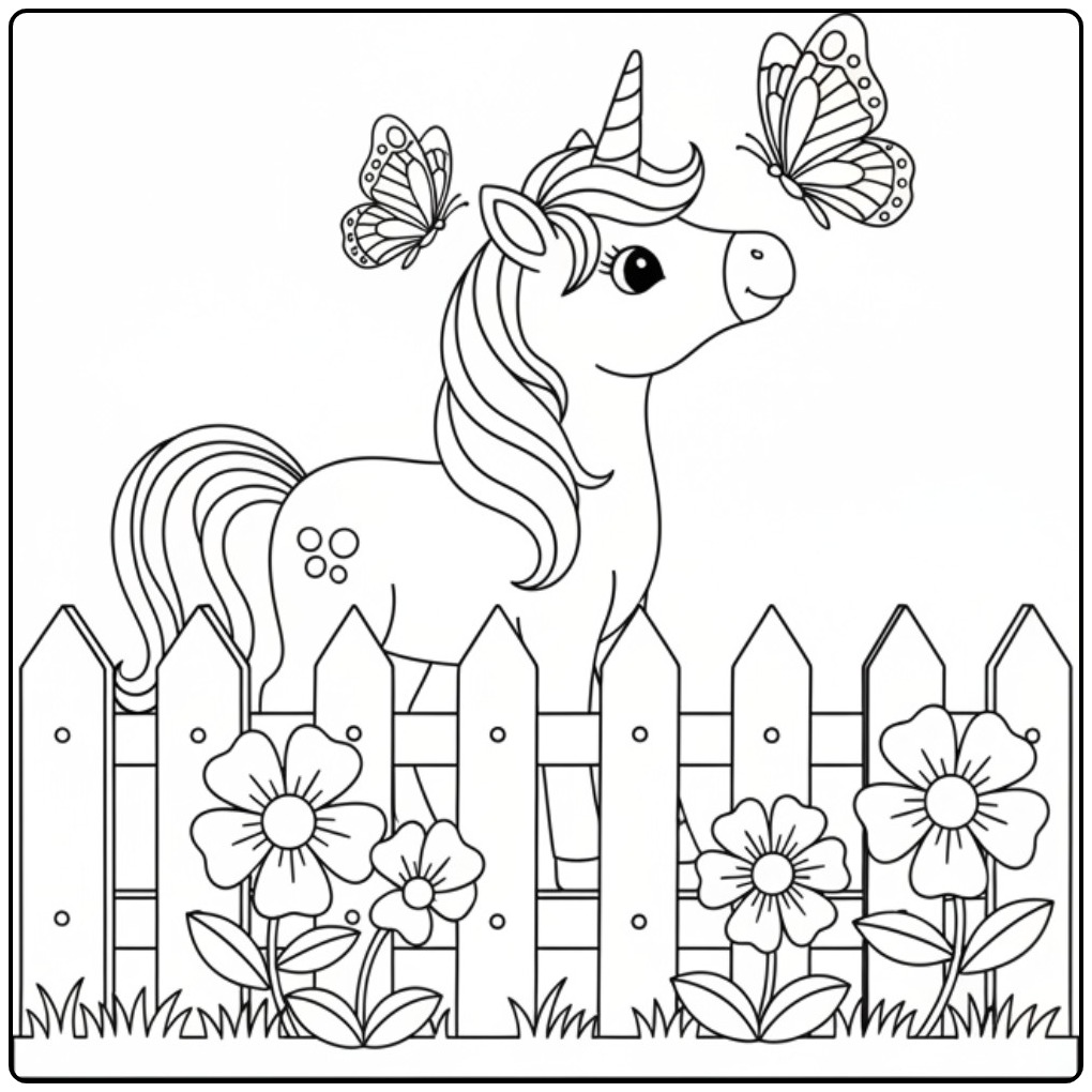 Magische vlinders kleurplaat unicorn in bloementuin met hek.