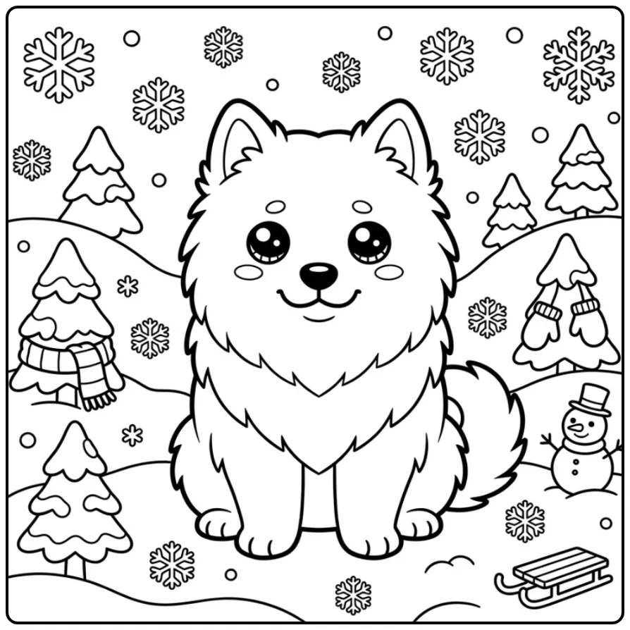 Een pluizige Samojeed in de sneeuw als kleurplaat kawaii hond.