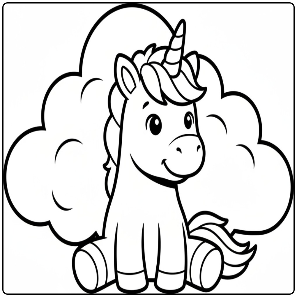 Lachende baby unicorn kleurplaat zittend voor een wolk.