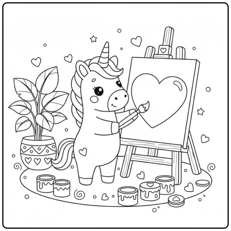 Een creatieve Makkelijke unicorn en hartjes kleurplaat om te verven.