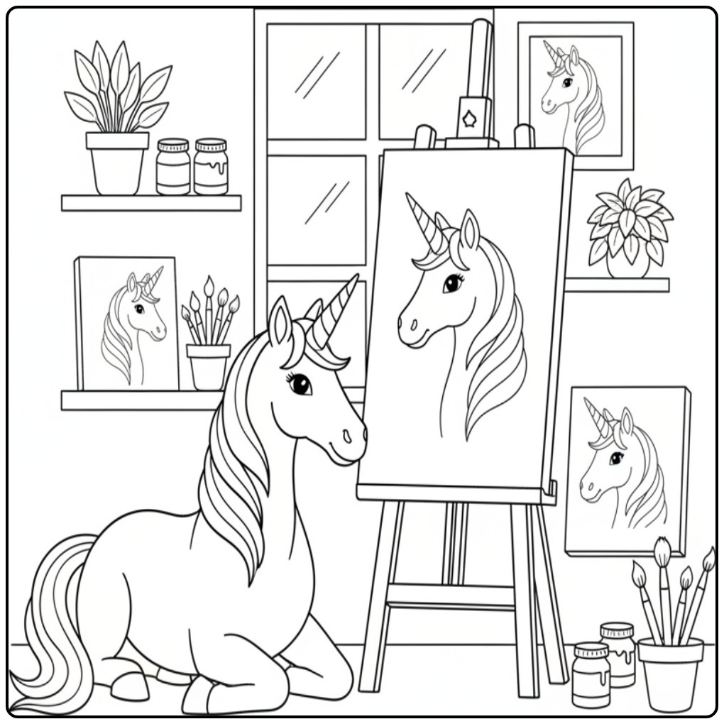 Een artistieke kleurplaat eenhoorn hoofd in een schildersatelier.