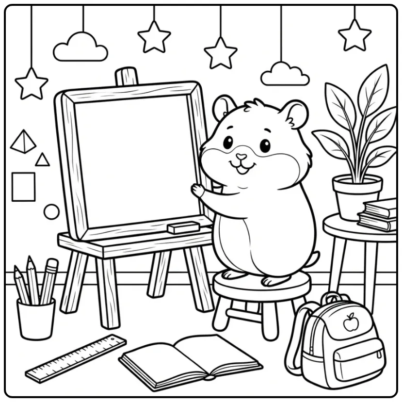 Een kleurplaat hamster schattig voor het schoolbord in de klas.
