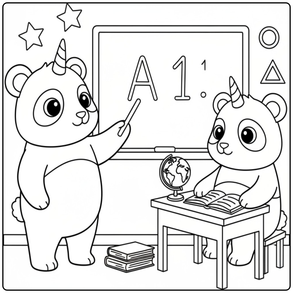 Een schattige unicorn panda kleurplaat in een klaslokaal.