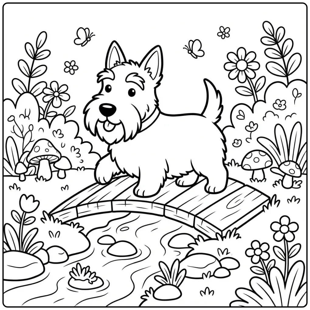 Leuke kleurplaat hond schattig in de natuur bij een beekje