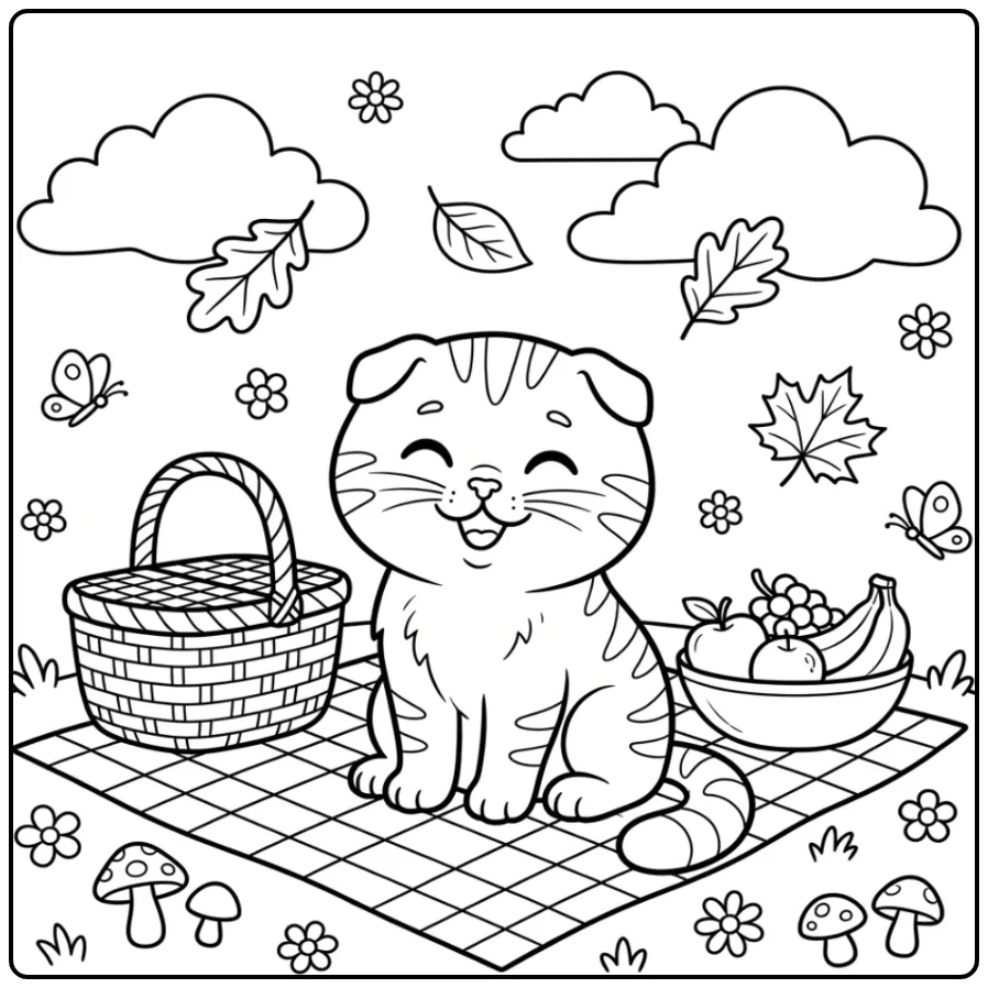 Vrolijke kleurplaat kitten schattig tijdens een zomerse picknick.