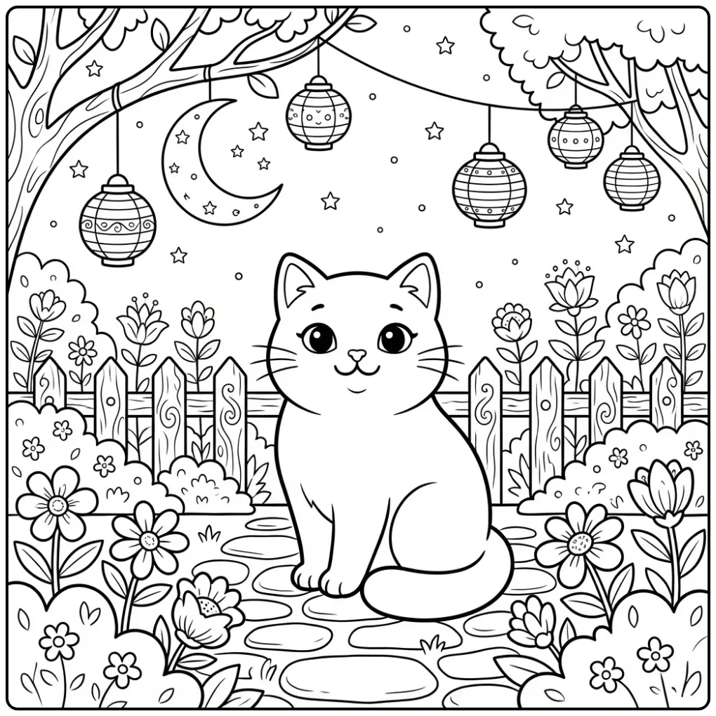 Gedetailleerde kleurplaat kat voor volwassenen met lantaarns.