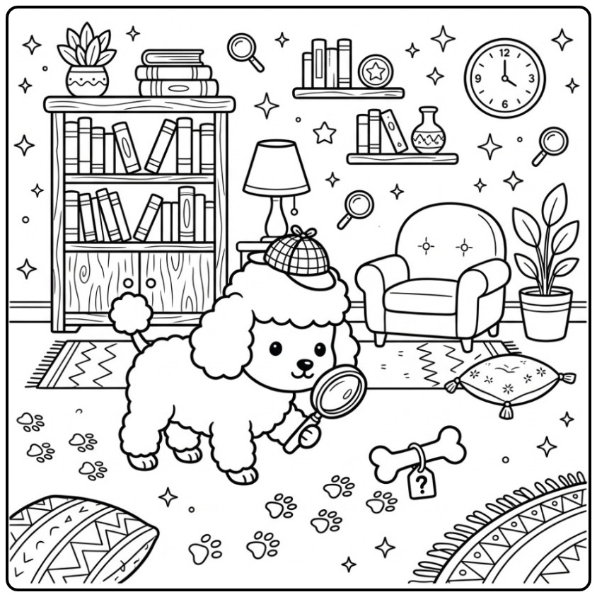 Een schattige detective kleurplaat poedel met een vergrootglas.