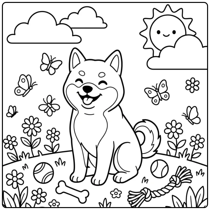 Vrolijke Shiba Inu kleurplaat hond schattig in het park.