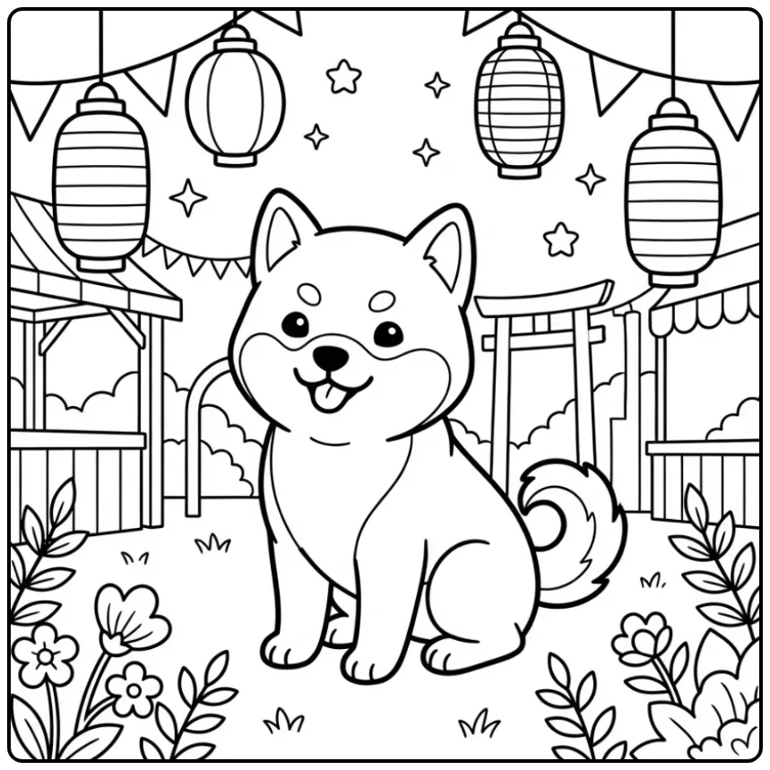 Feestelijke puppy kleurplaat hond volwassenen met lantaarns