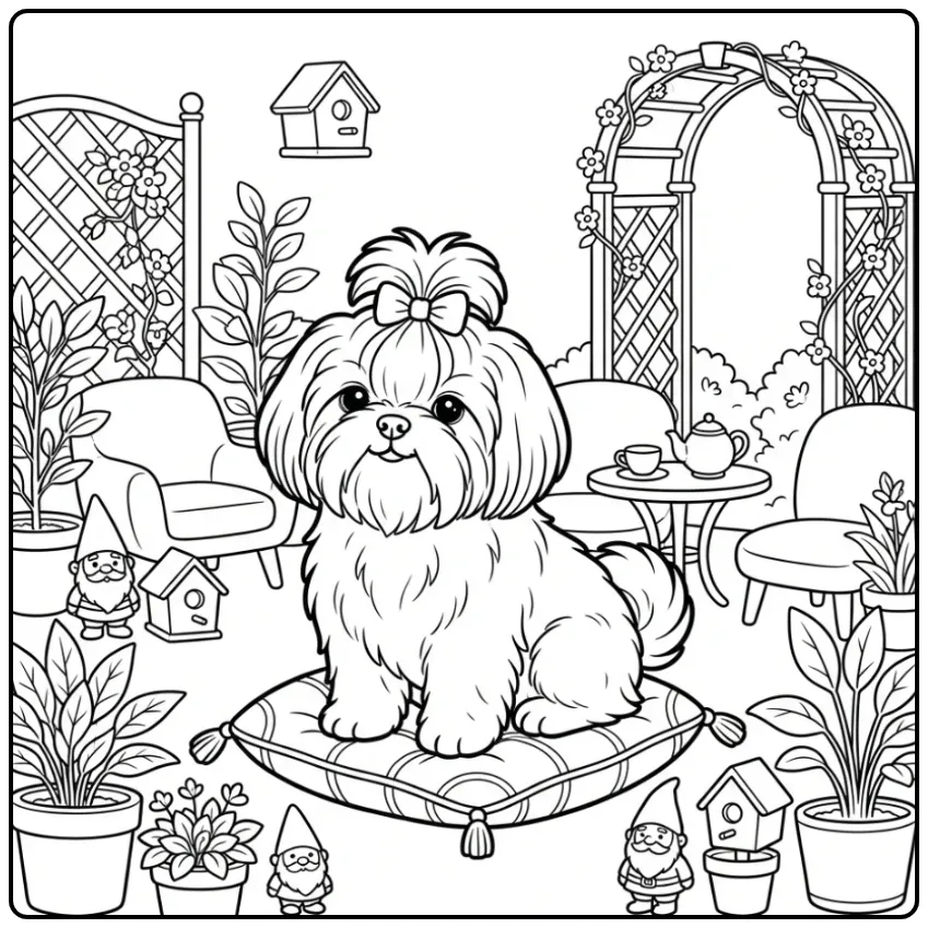 Lieve Shih Tzu als kleurplaat hond schattig in de tuin.