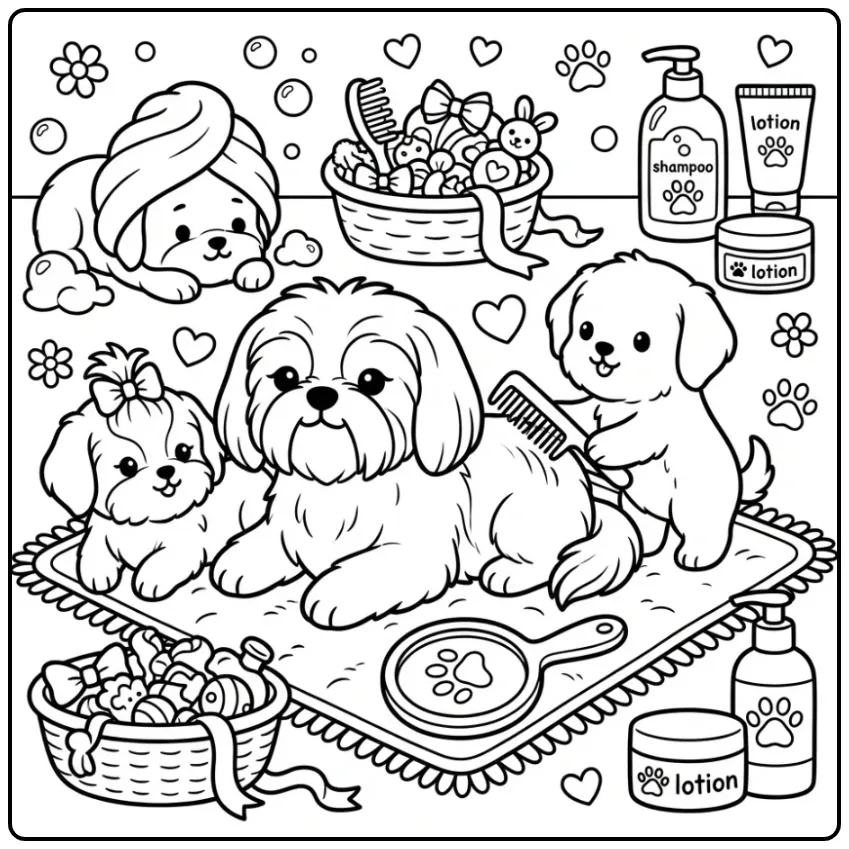 Verzorging kleurplaat honden puppies met borstel en spiegel