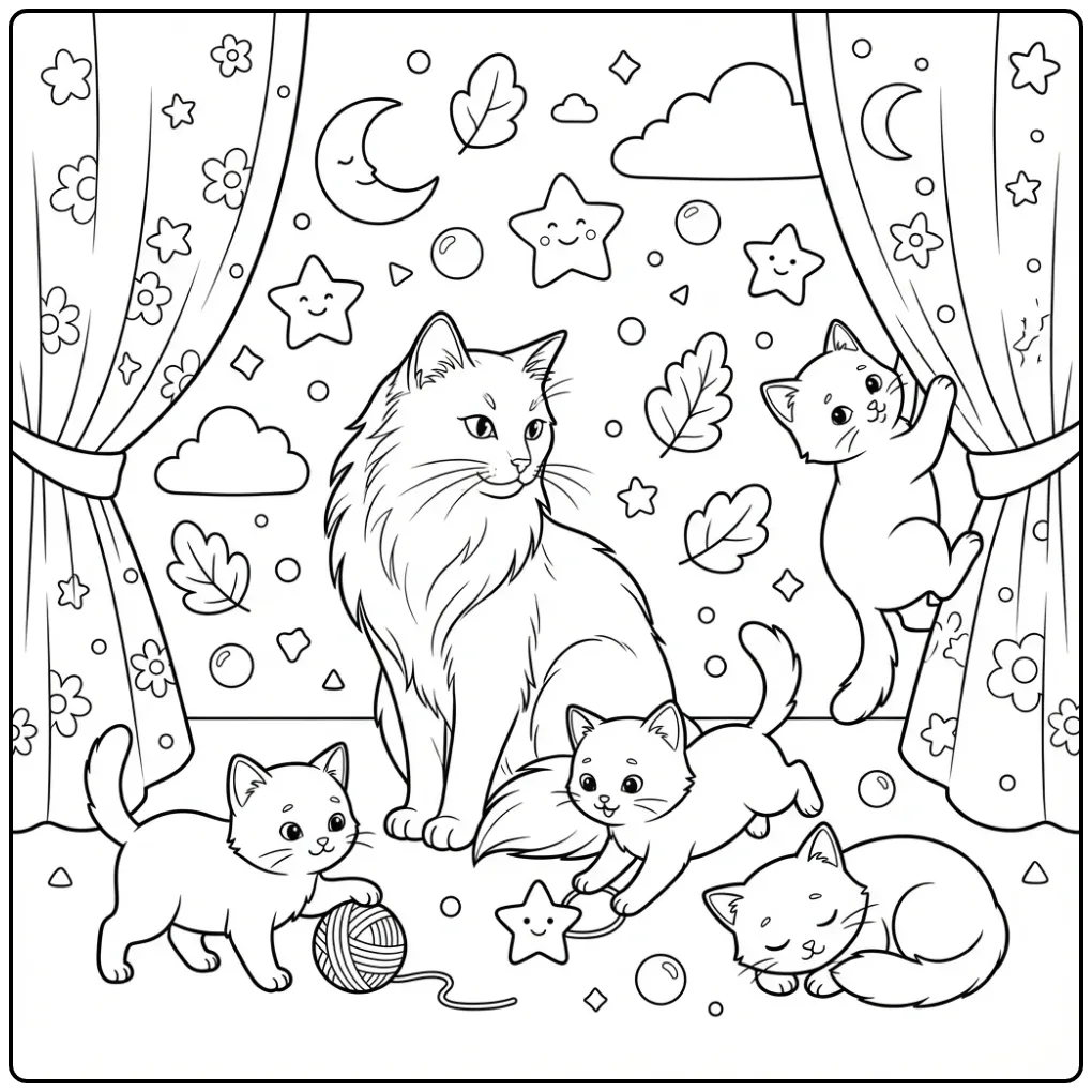 Balinese moeder en spelende kleurplaat kat met kittens.