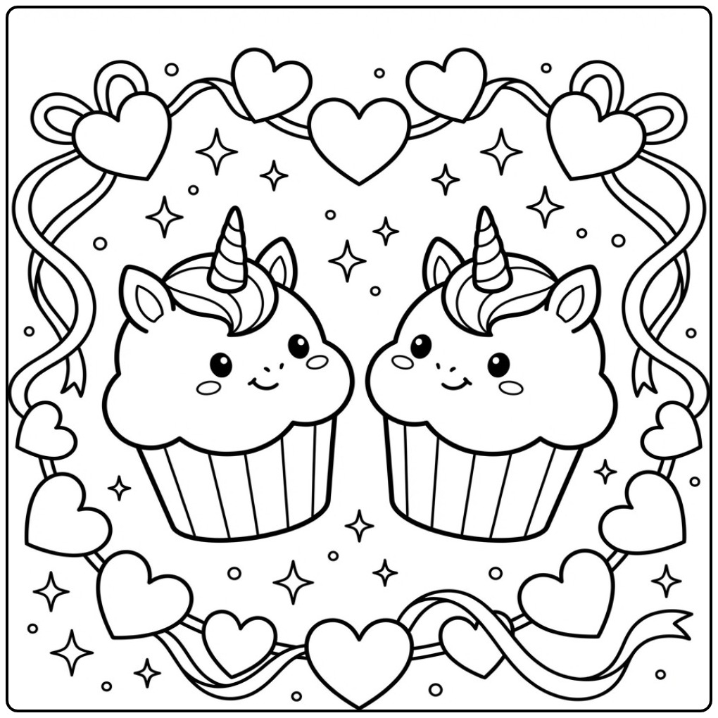 Lieve Valentijn eenhoorn cupcake kleurplaat met twee vriendjes.