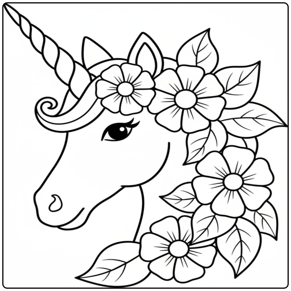 Een lieve kleurplaat eenhoorn hoofd met bloemen in de manen.