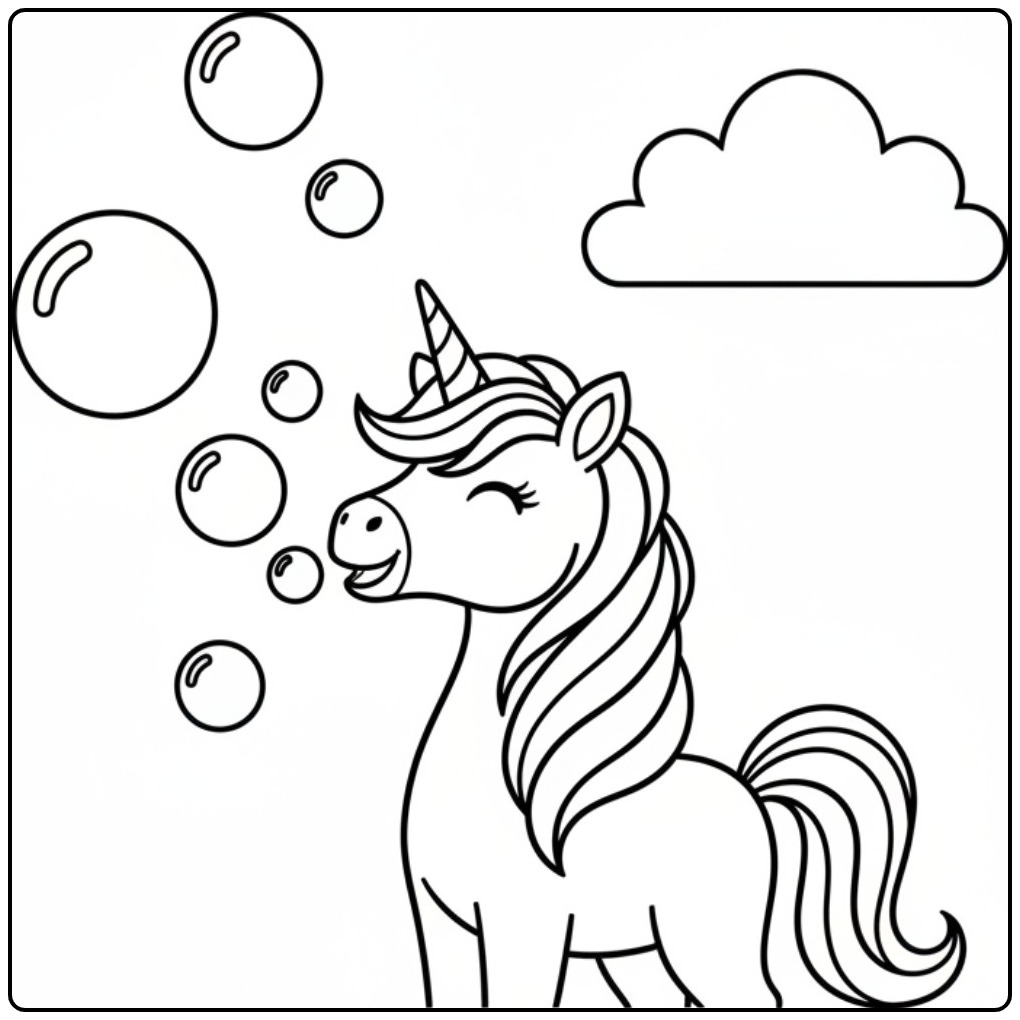 Een vrolijke unicorn kleurplaat makkelijk met mooie bellen.