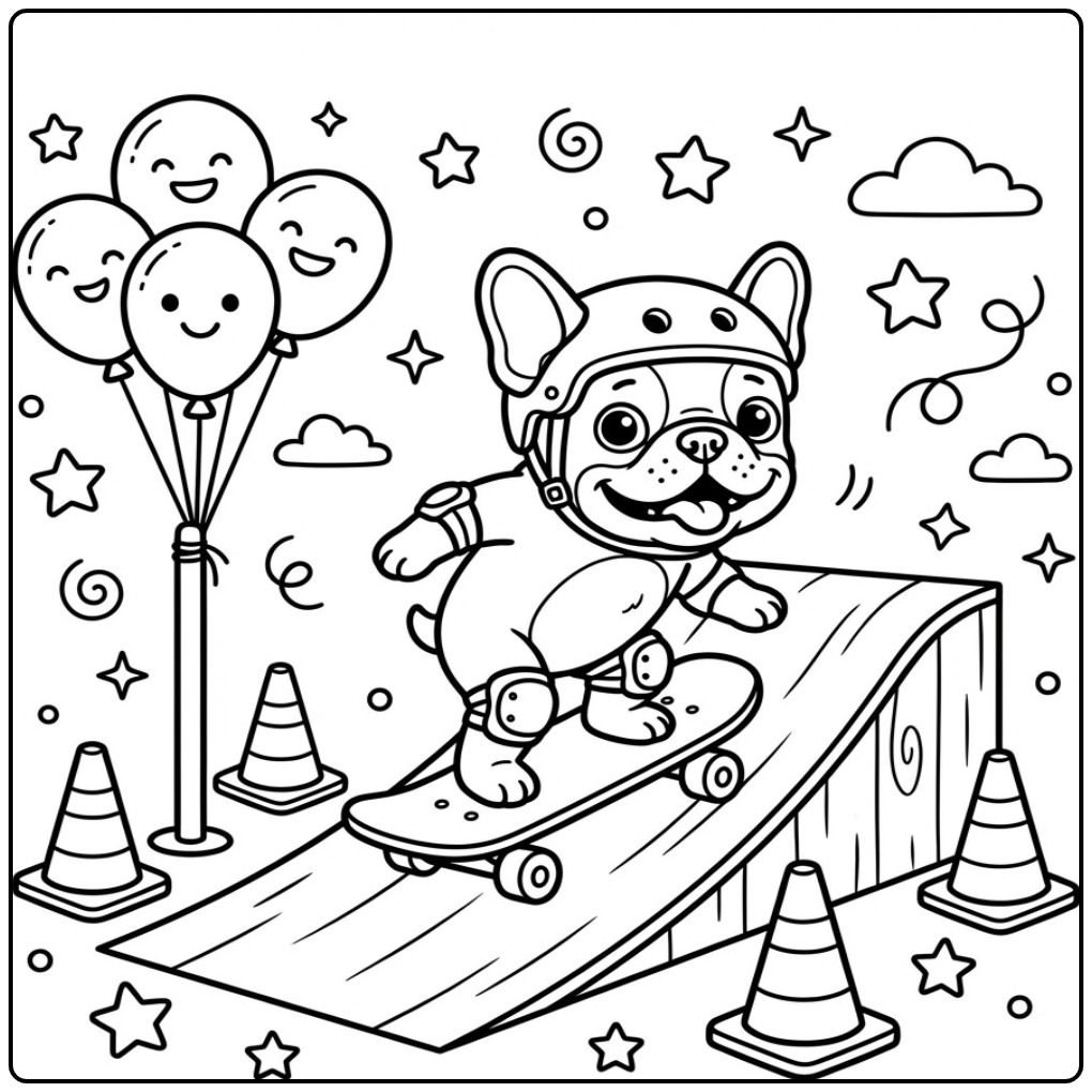 Stoere kleurplaat franse bulldog op een skateboard met helm.