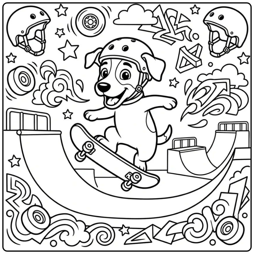 Een kleurplaat puppy van een Jack Russell op een skateboard.