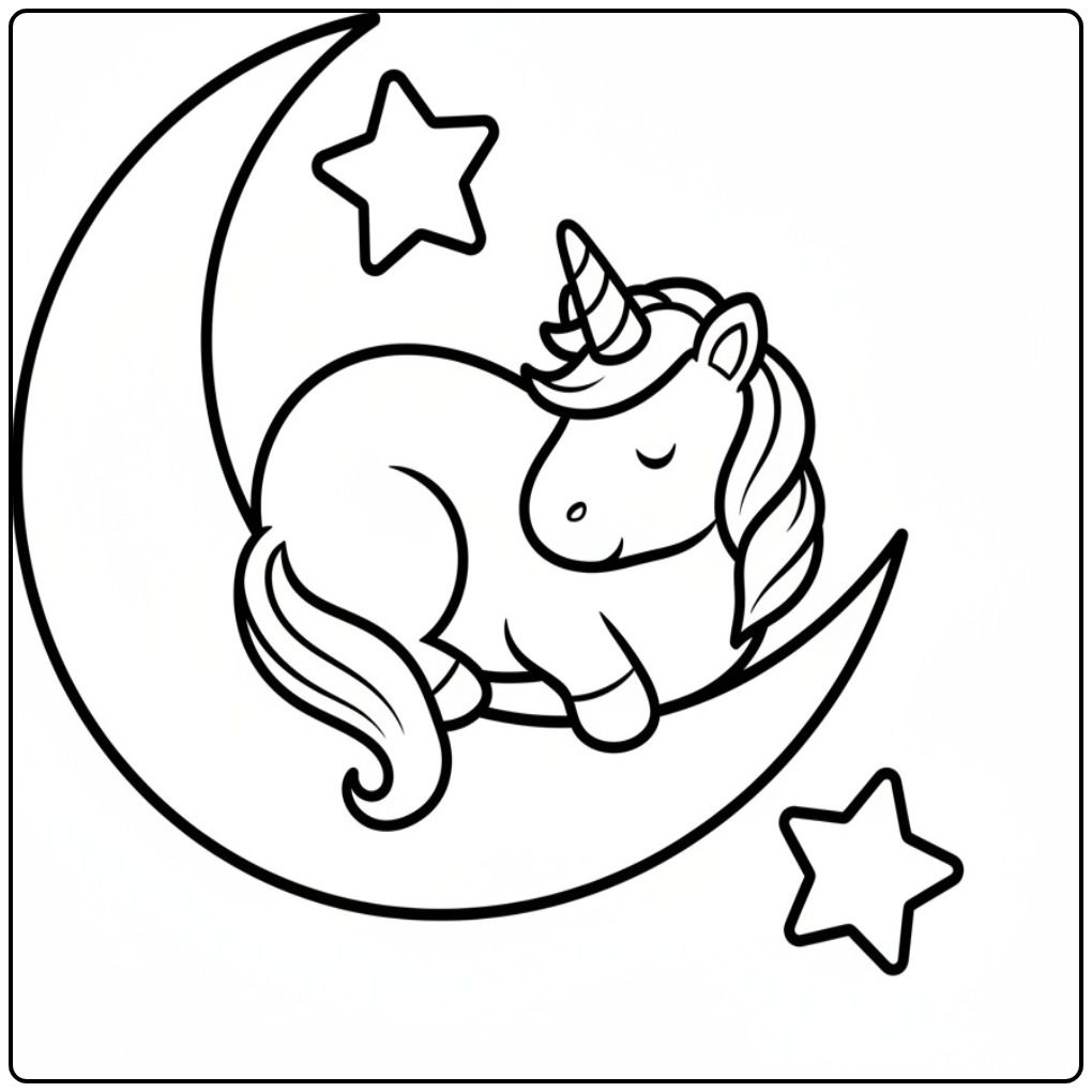 Een dromerige kleurplaat eenhoorn schattig op de maan.