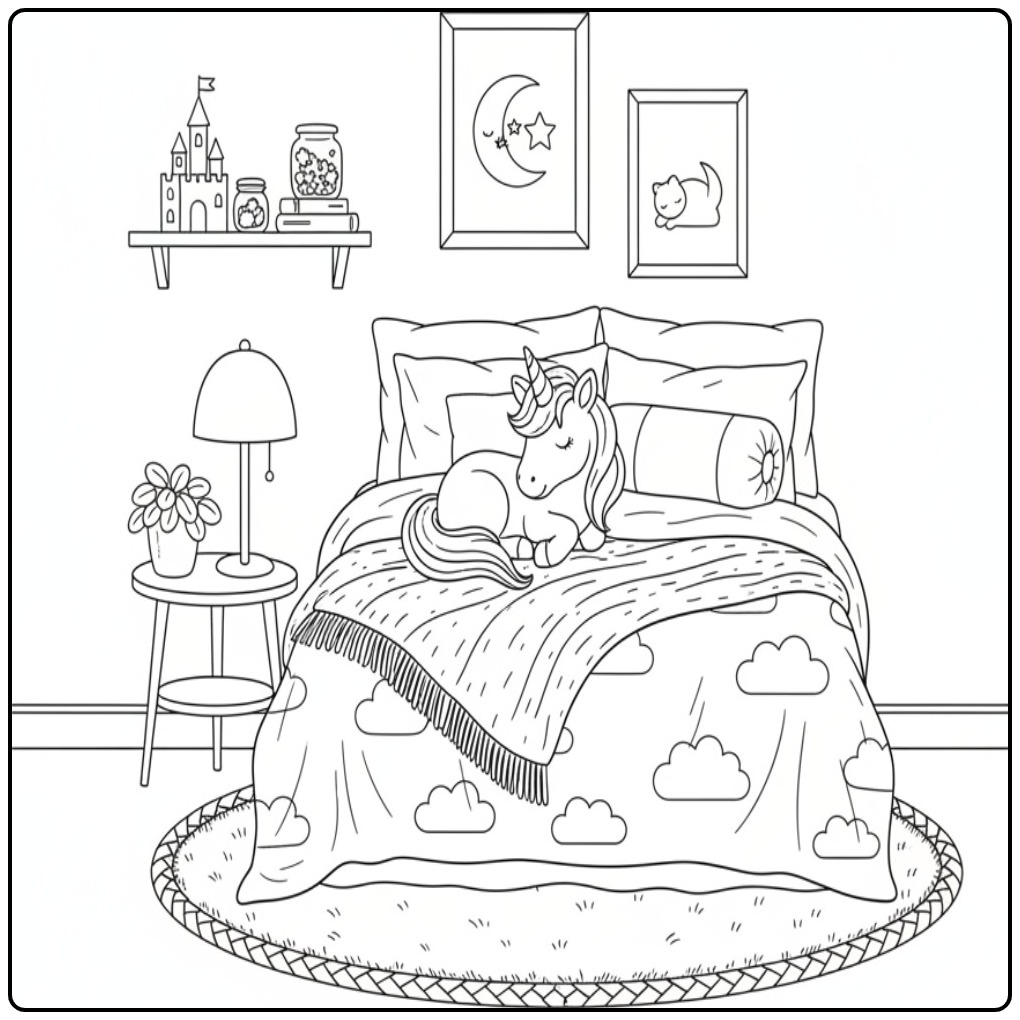 Een schattige baby unicorn kleurplaat van een eenhoorn op bed.