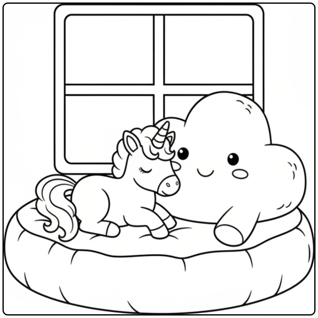 Een schattige baby unicorn kleurplaat met een lachend wolkje.