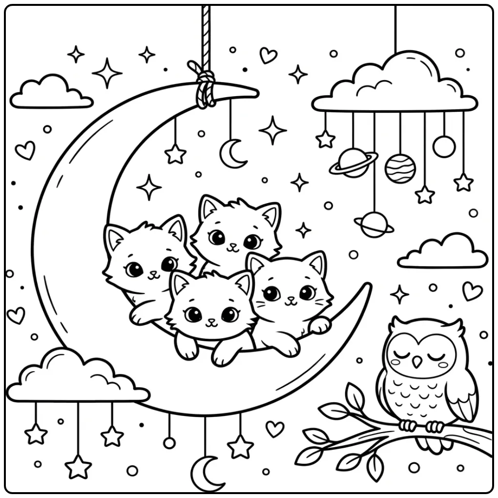 Kleurplaat schattige katjes op een halve maan in de ruimte.
