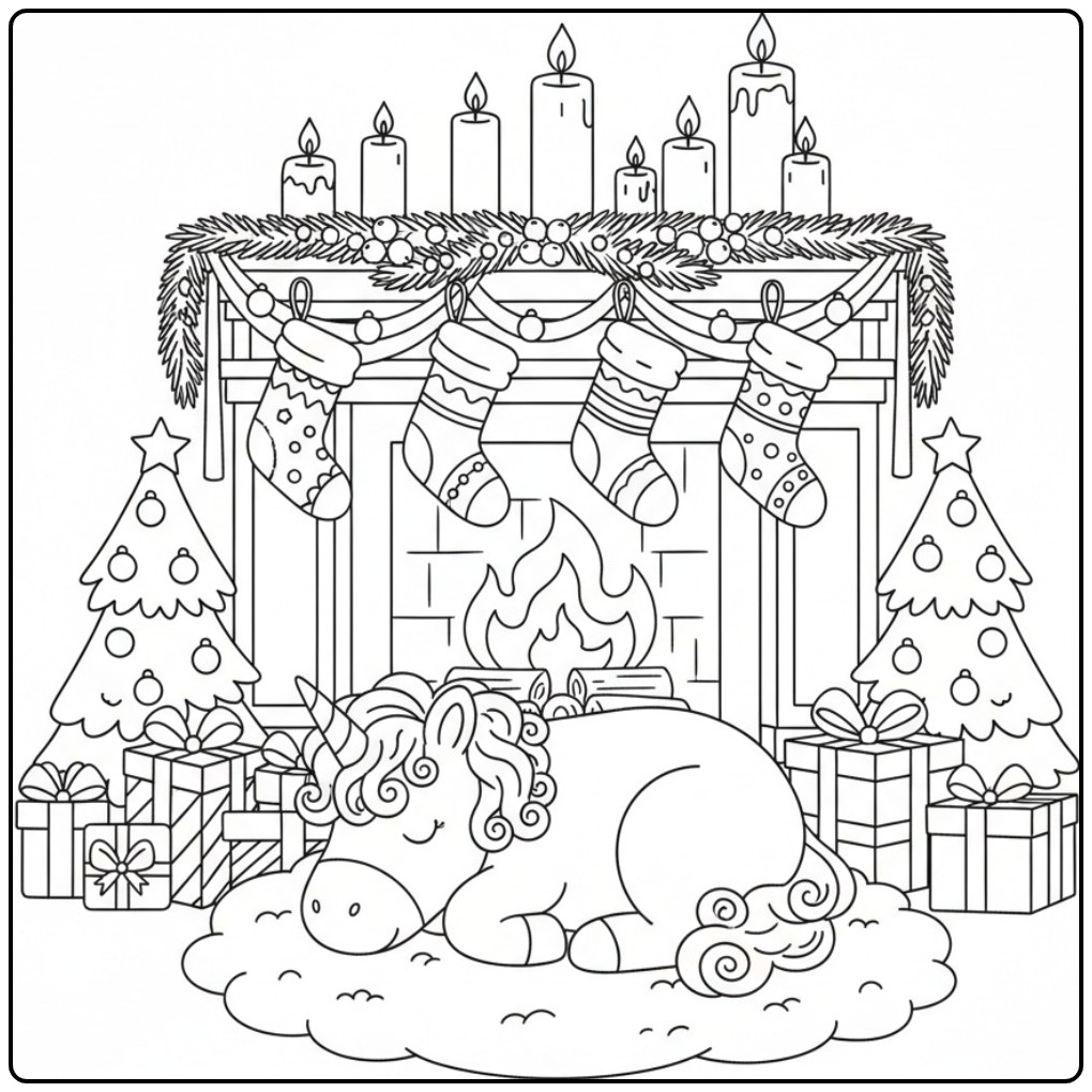 Schattige unicorn kerst kleurplaat van een eenhoorn bij de haard.
