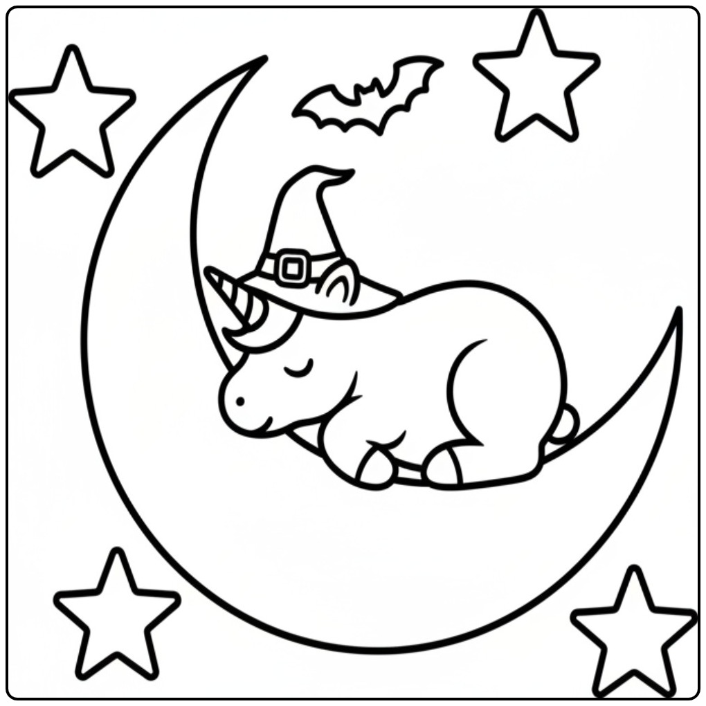 Een schattige unicorn halloween kleurplaat slapend op de maan.