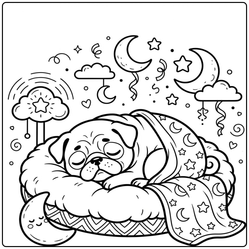 Dromerige kleurplaat mopshond die slaapt in een knus mandje.