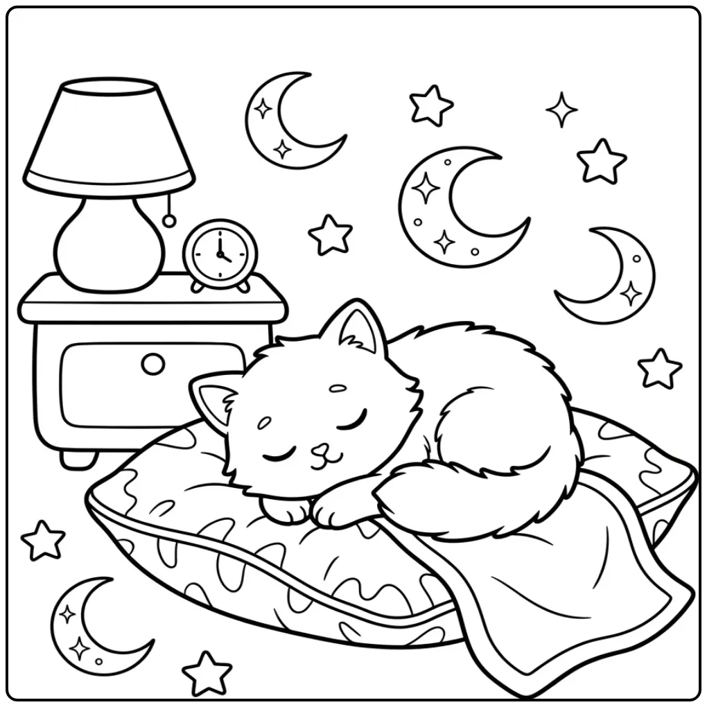Schattige kitten kleurplaat makkelijk slapend op kussen.