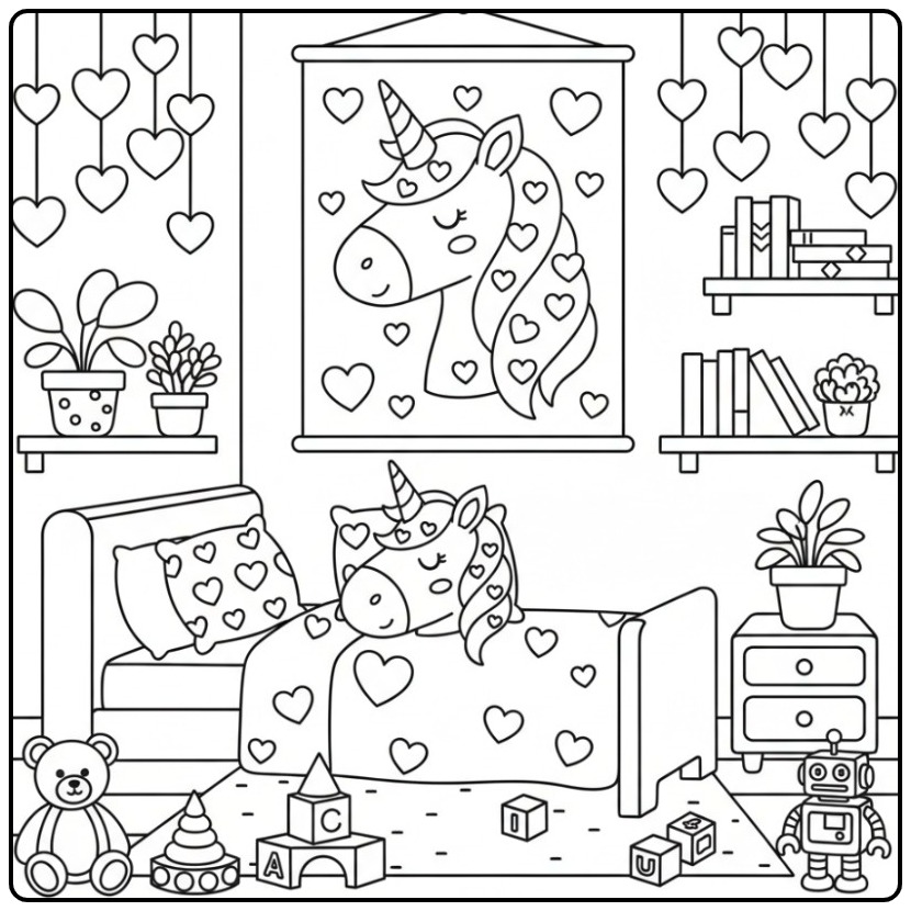 Schattige Kleurplaat unicorn hoofd met hartjes in een kinderkamer.