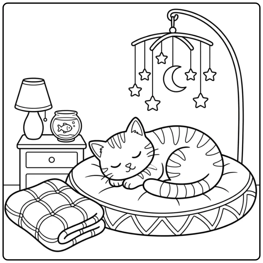 Schattige kat kleurplaat met een slapende poes op een kussen.