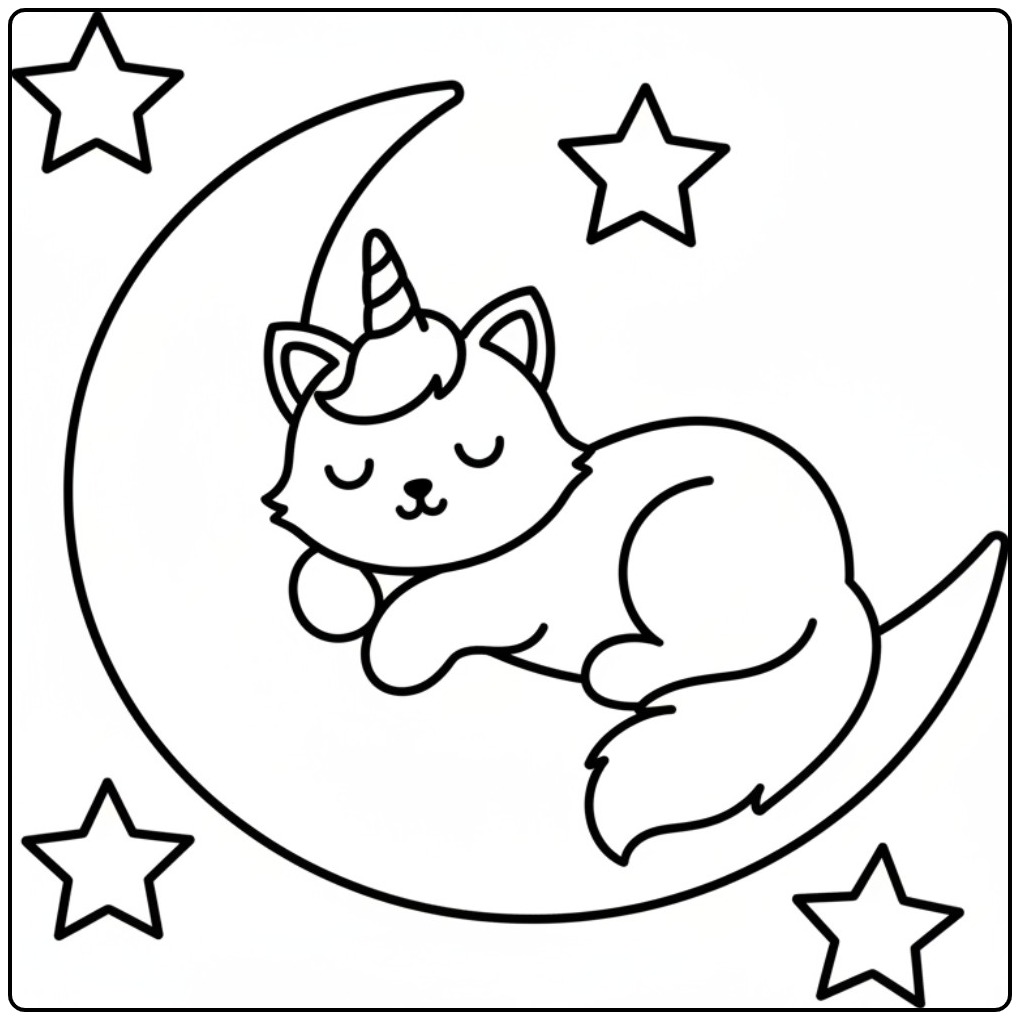 Een lieve unicorn kat kleurplaat van een poesje op de maan.