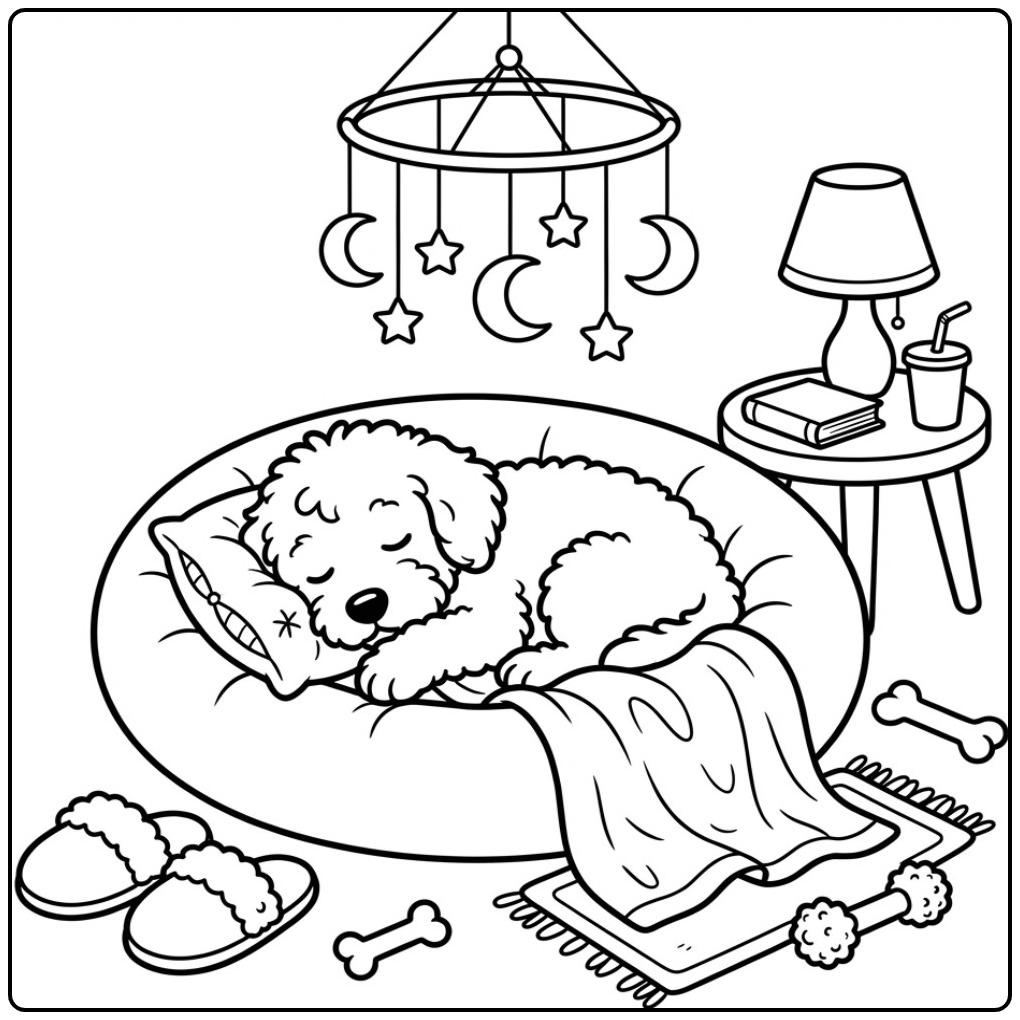 Een schattige kleurplaat labradoodle die slaapt in een mandje.