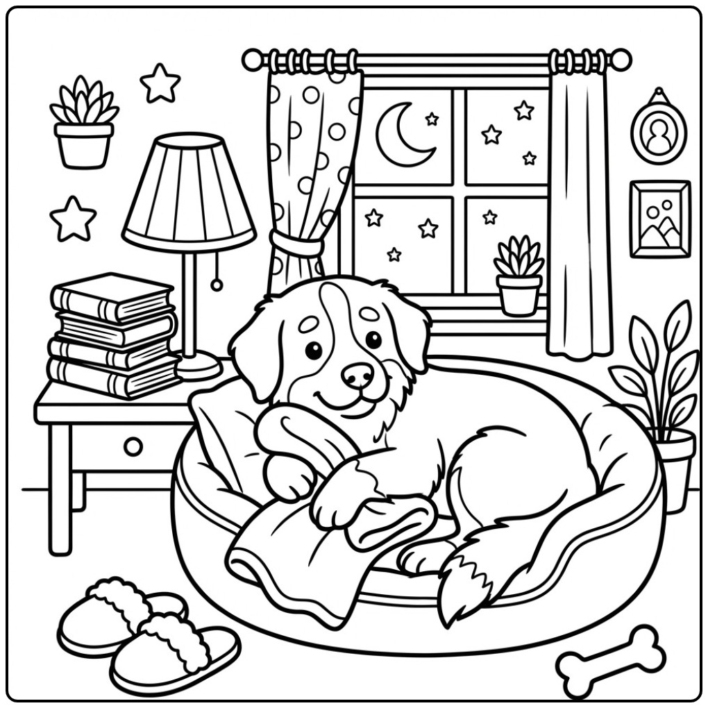 Gezellige kleurplaat berner sennenhond in een knusse kamer.