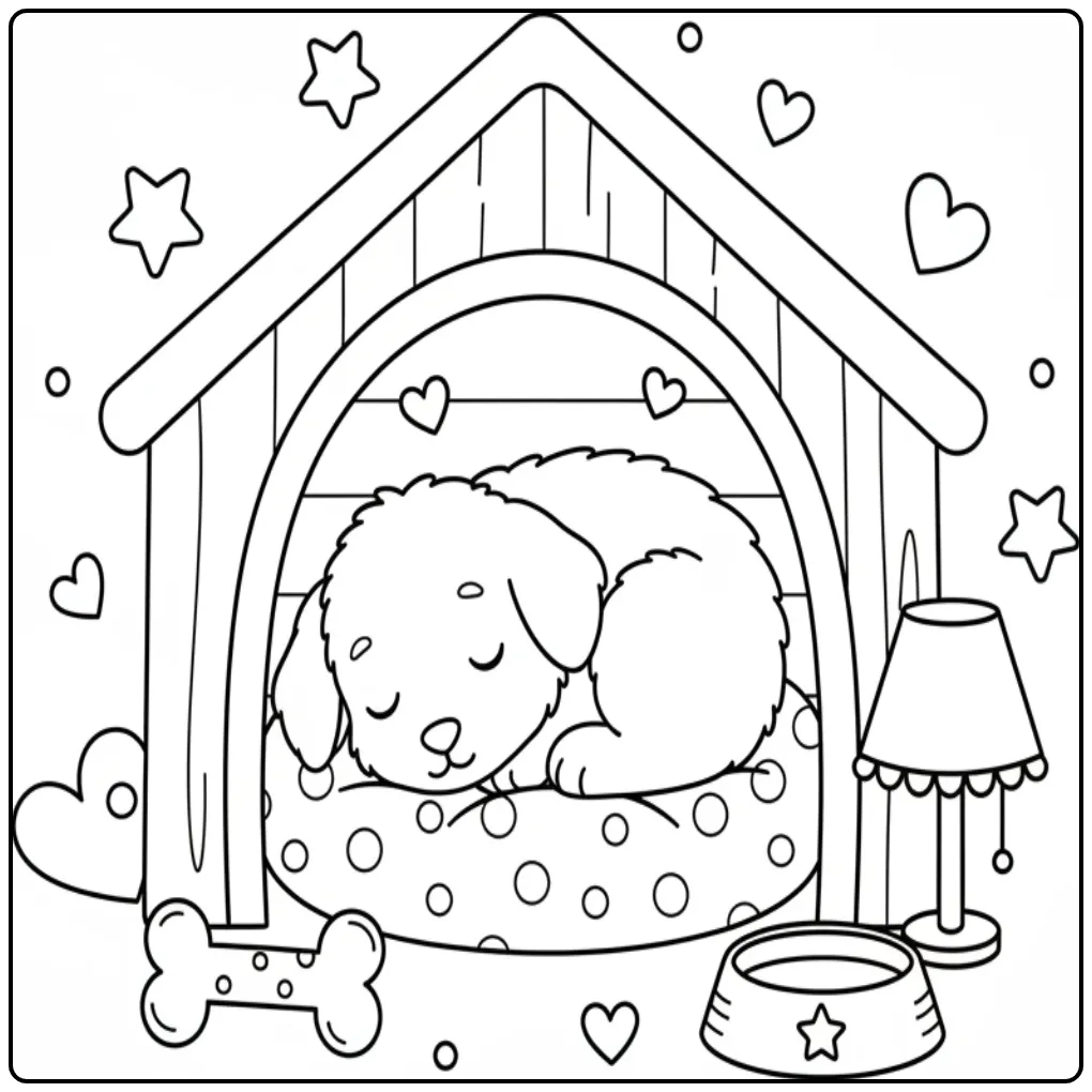 Een schattige puppy slaapt in een knusse kleurplaat hondenhok.