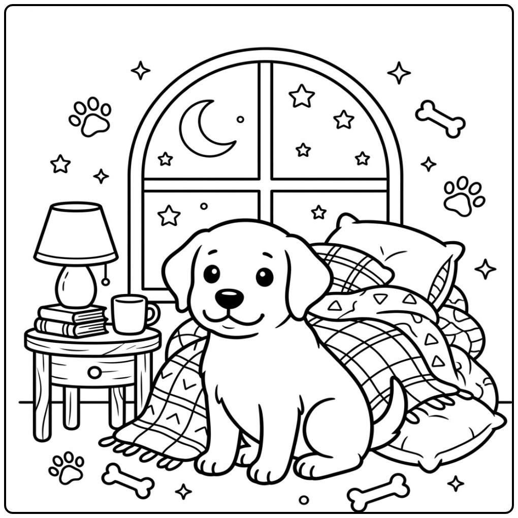 Leuke kleurplaat labrador puppy in een gezellige slaapkamer.