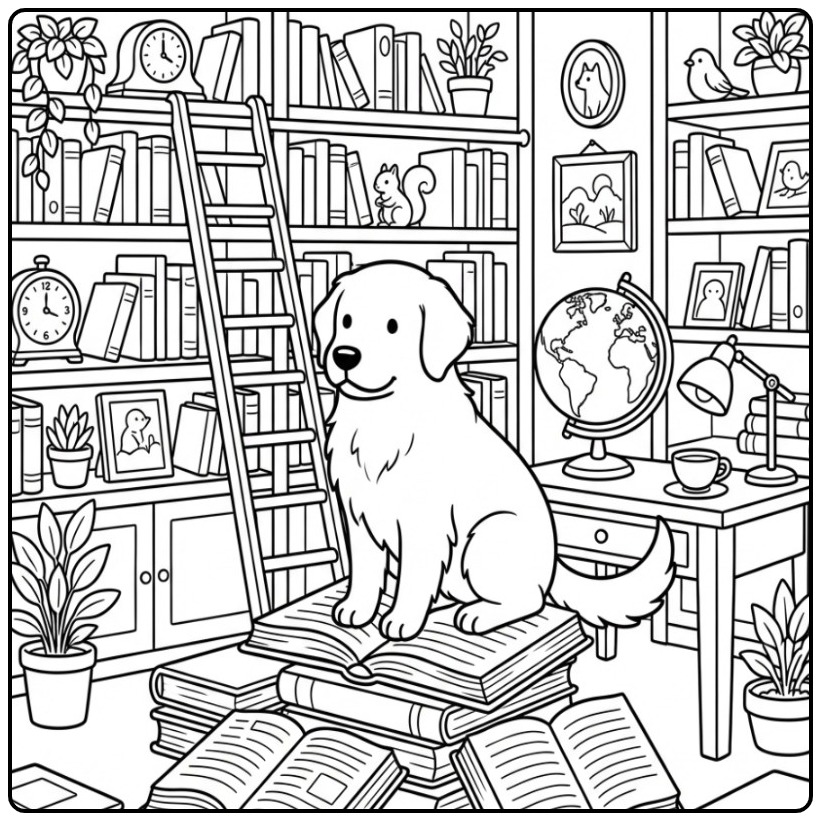Leuke kleurplaat golden retriever in een gezellige bibliotheek.