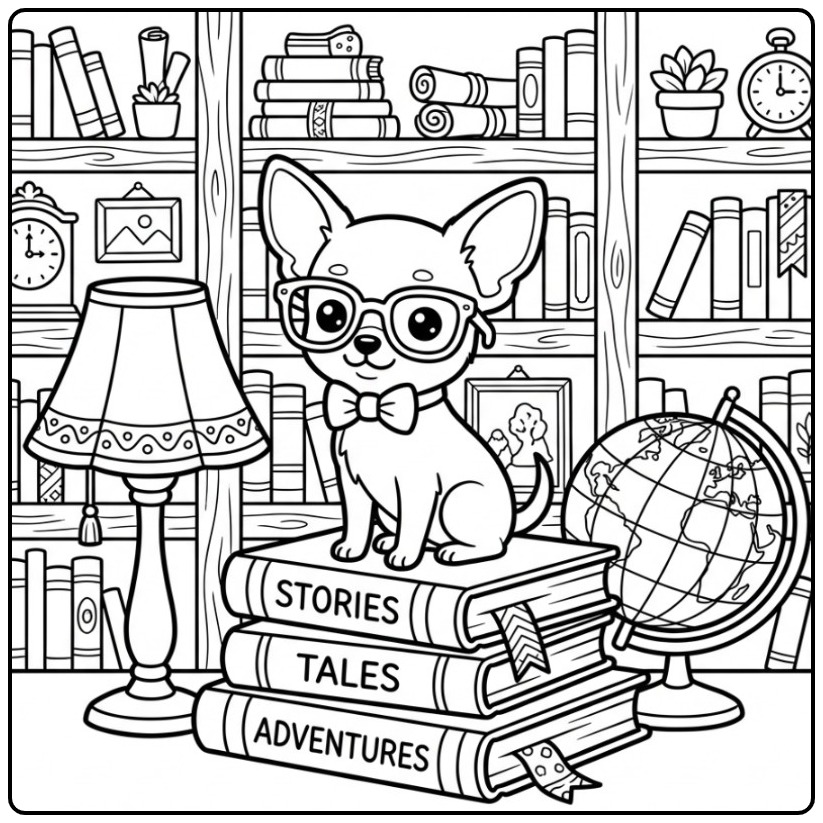 Een schattige en slimme kleurplaat chihuahua in een bibliotheek.