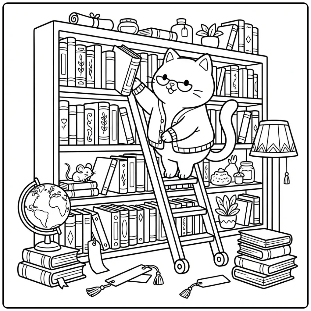 Gedetailleerde kleurplaat kat moeilijk in bibliotheek op trap