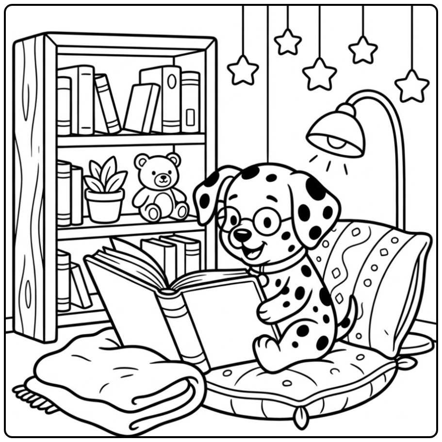 Schattige kleurplaat dalmatier puppy die een boek leest.