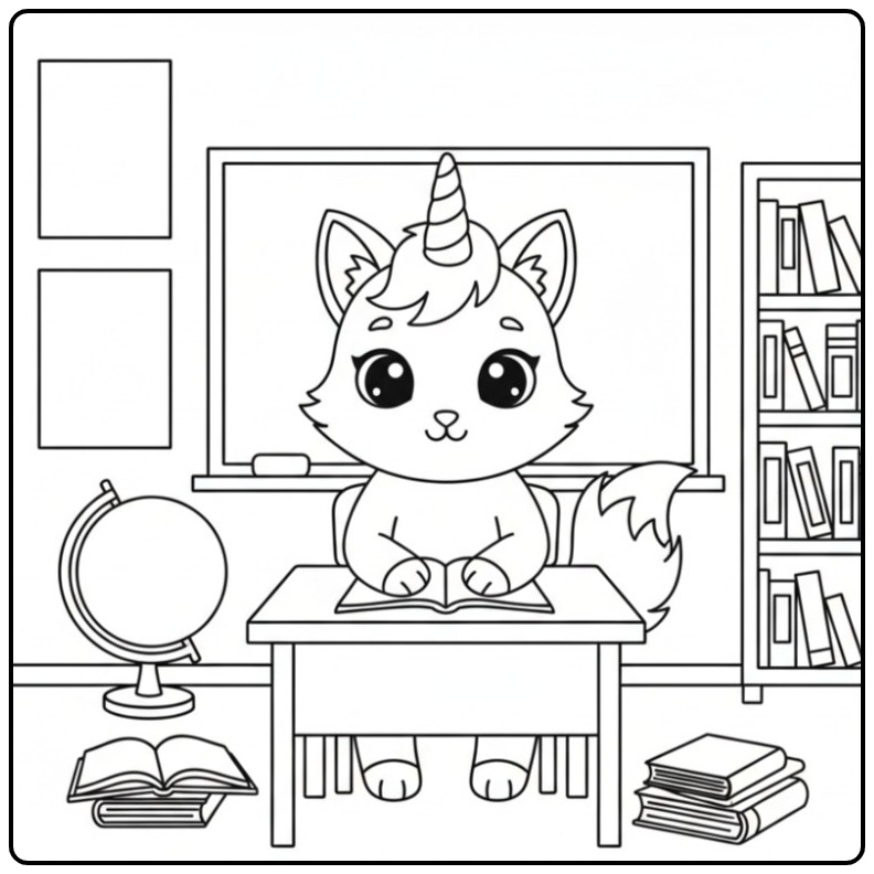 Een schattige unicorn kat kleurplaat in een klaslokaal.