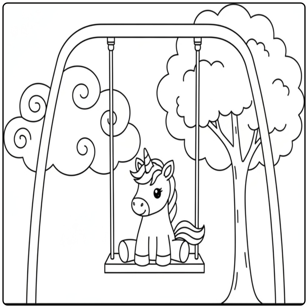 Schattige baby unicorn kleurplaat van een eenhoorn op een schommel.