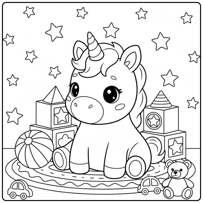Leuke baby unicorn kleurplaat met speelgoed en sterren.