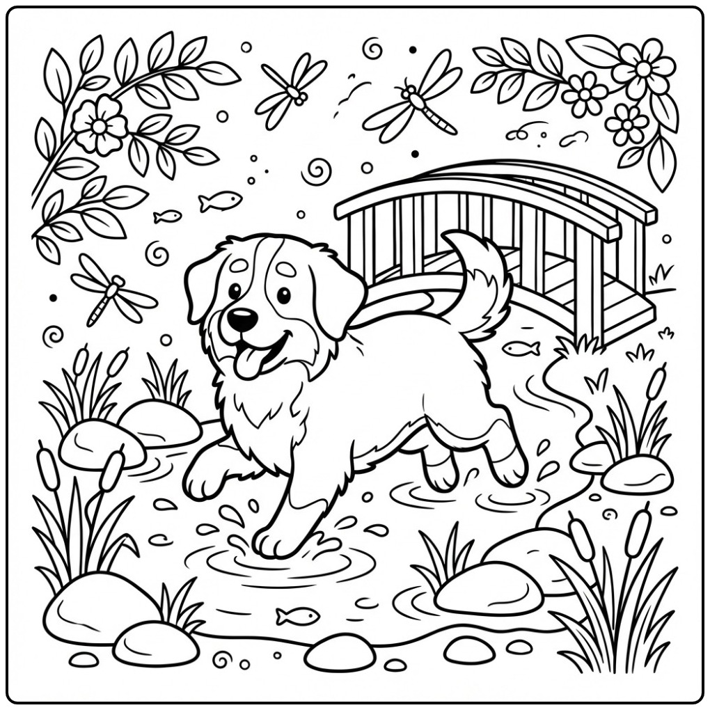 Een vrolijke berner sennen kleurplaat van een hond in het water.