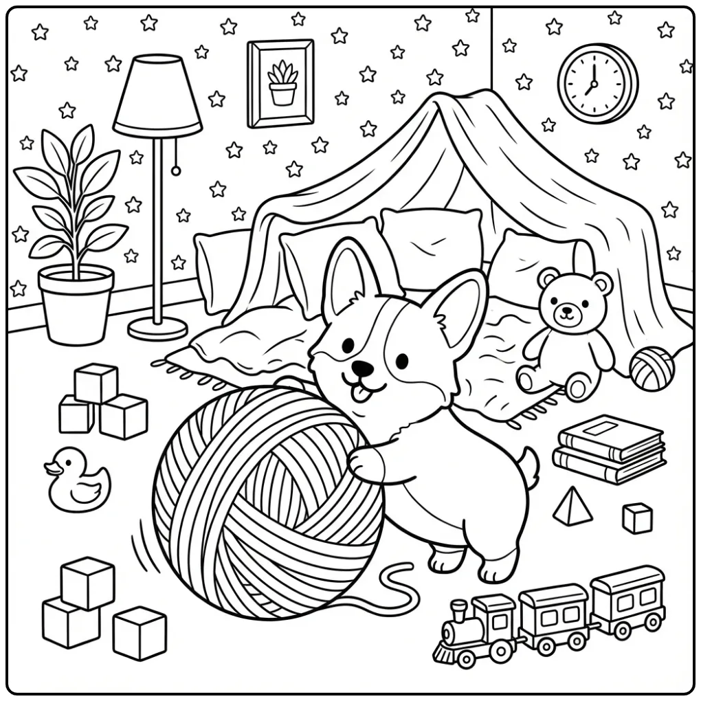 Een kleurplaat schattige puppy rolt met een grote bol wol.