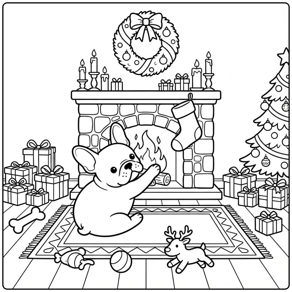 Schattige kleurplaat kerst hond die een kerstsok pakt.