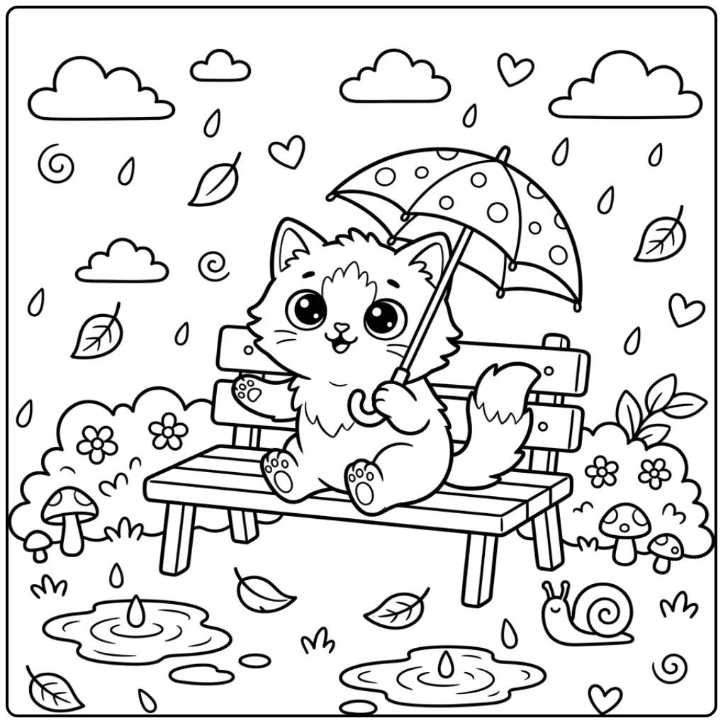 Kleurplaat kitten schattig met paraplu op een parkbankje.