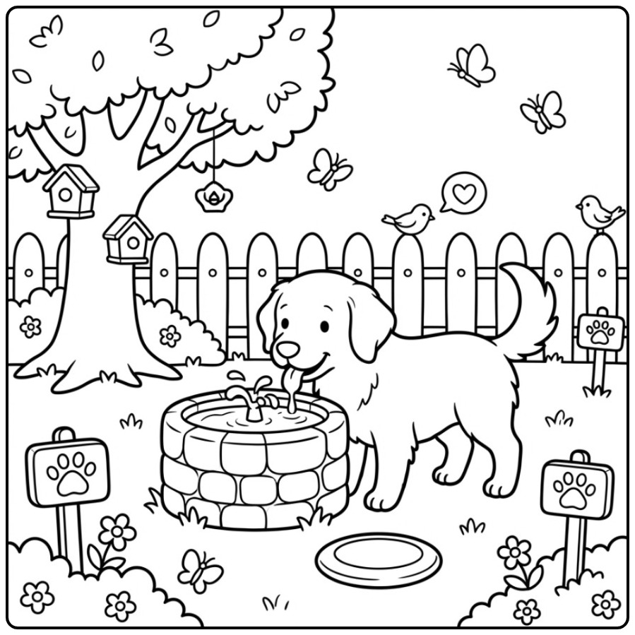 Een schattige kleurplaat golden retriever drinkt uit een fontein.