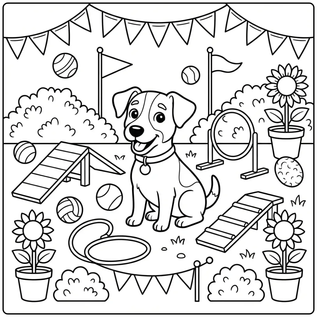 Vrolijke kleurplaat hond schattig Jack Russell met speelgoed